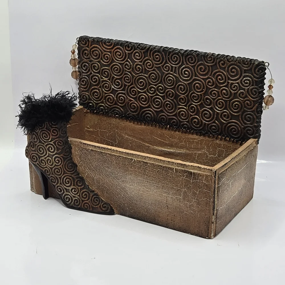 Vanity Organizer Trinket Box Glam High Heel Shoe with Feathers Exotic Design